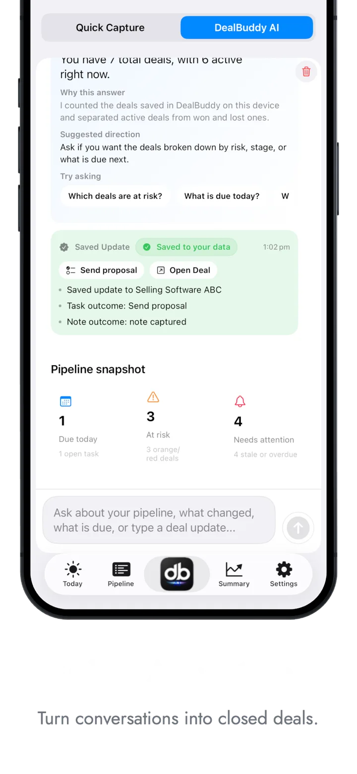 DealBuddy AI assistant answering a question and saving an update to the deal