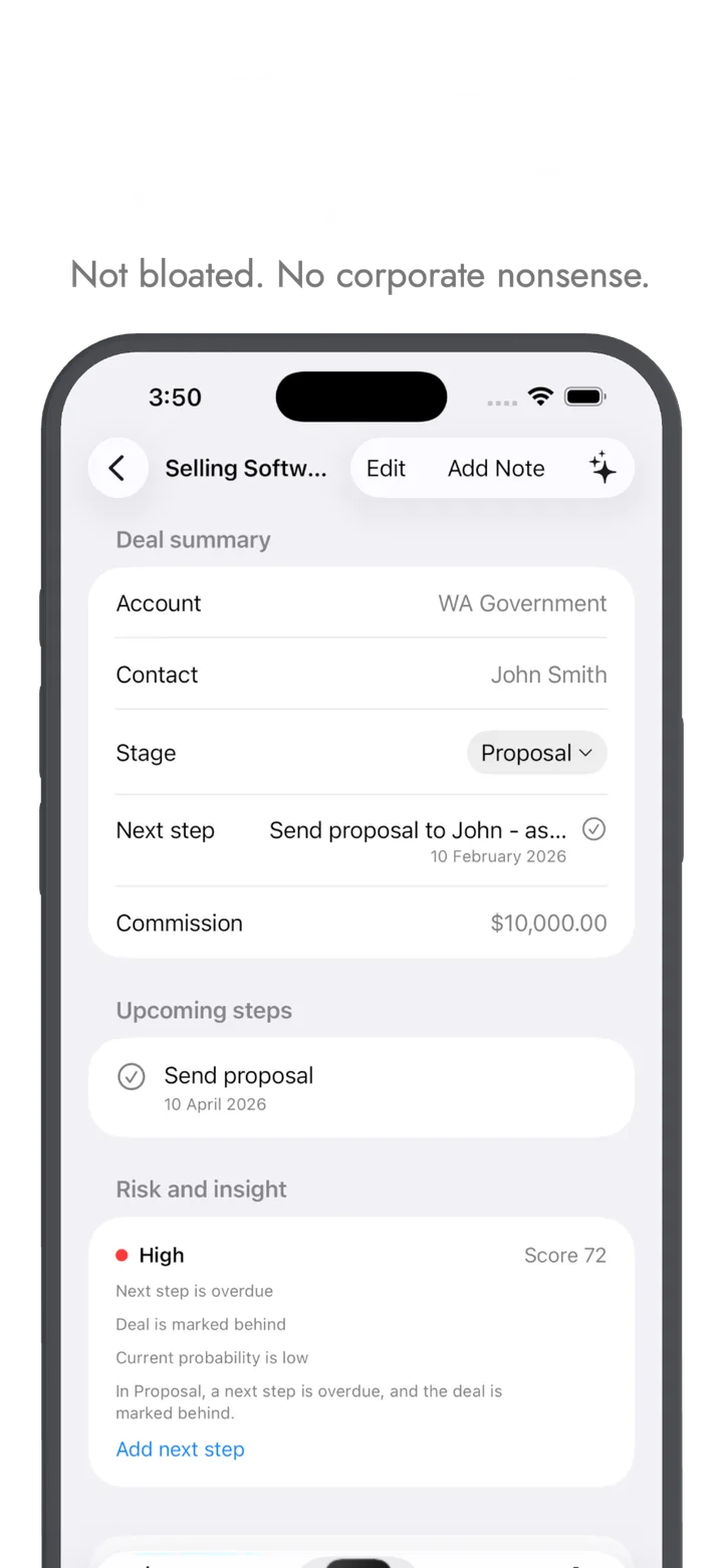 Deal detail view showing account, contact, stage, next step, commission and risk score