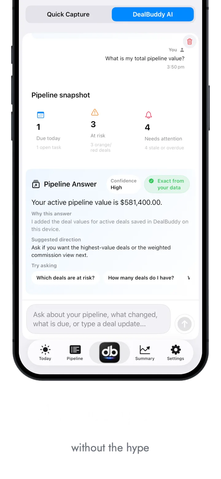 Pipeline snapshot with active pipeline value calculated from your deals