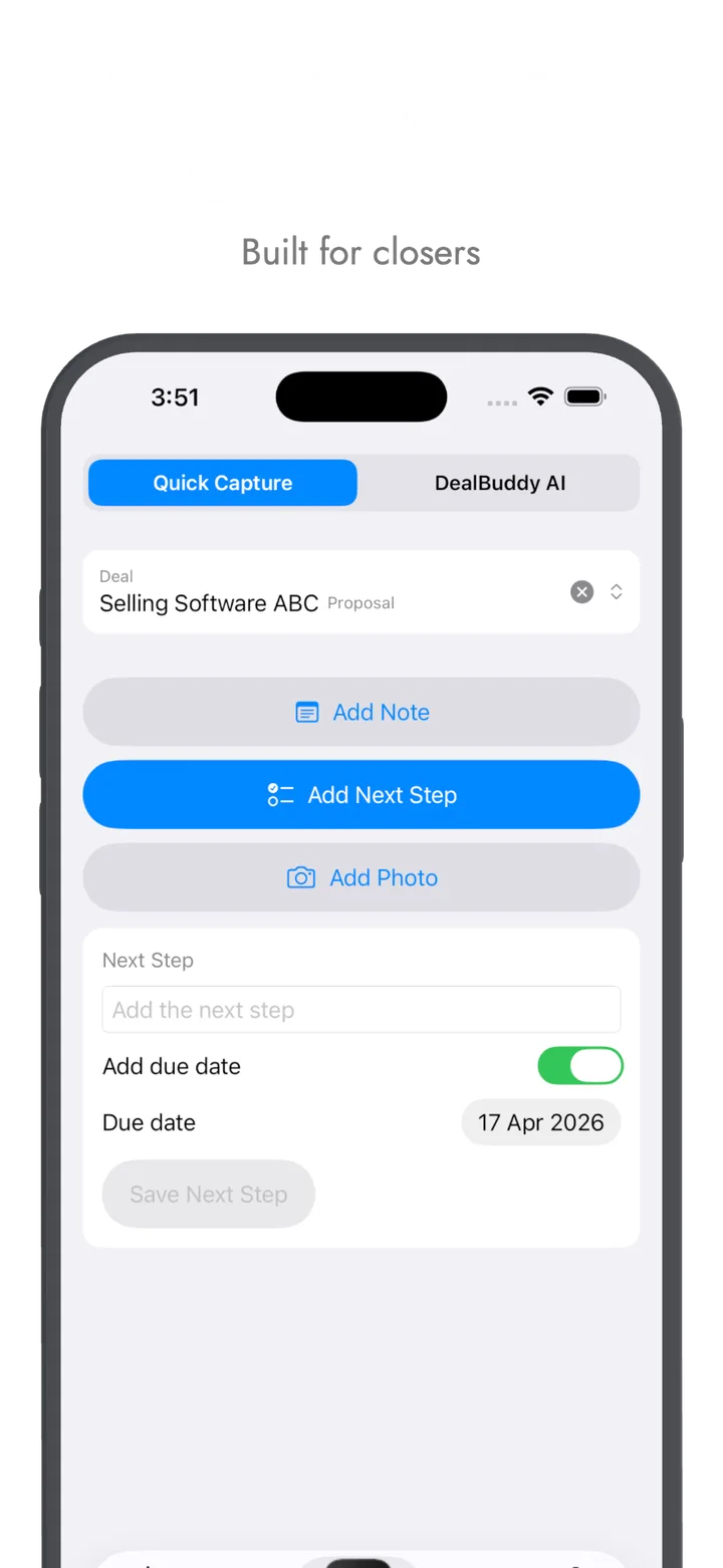 Quick Capture screen — add a note, next step or photo to a deal in seconds