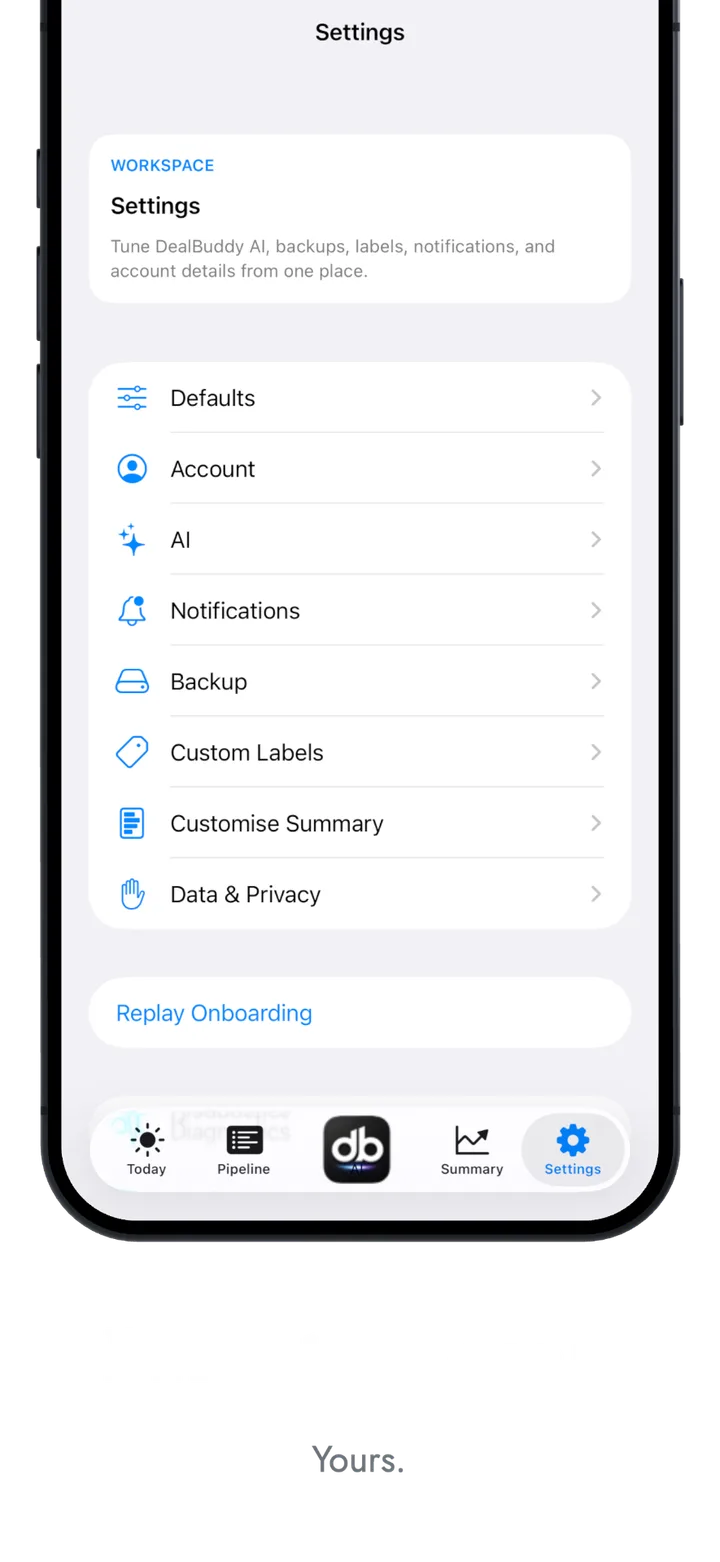 Settings screen for tuning DealBuddy AI, backups, labels and notifications